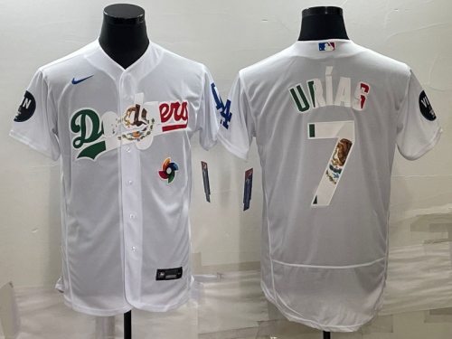 Men's Los Angeles Dodgers #7 Julio Urías White With Vin Scully Patch Flex Base Stitched Jersey